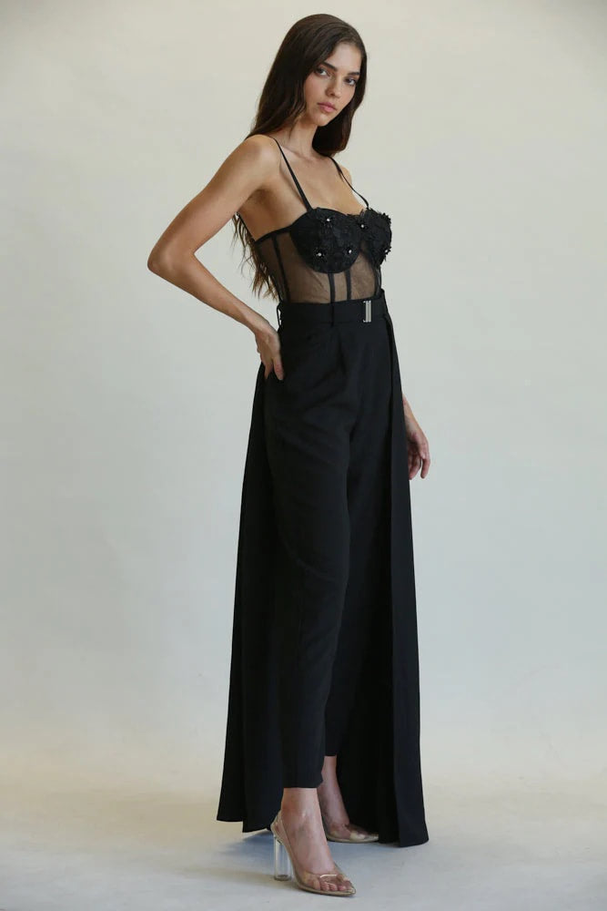 JUMPSUIT CON CAPA Y BUSTIER CON TRANSPARENCIA NEGRO