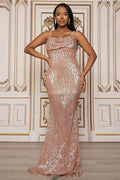 Vestido Largo Lentejuela Tirante Brillos Oro Rosa