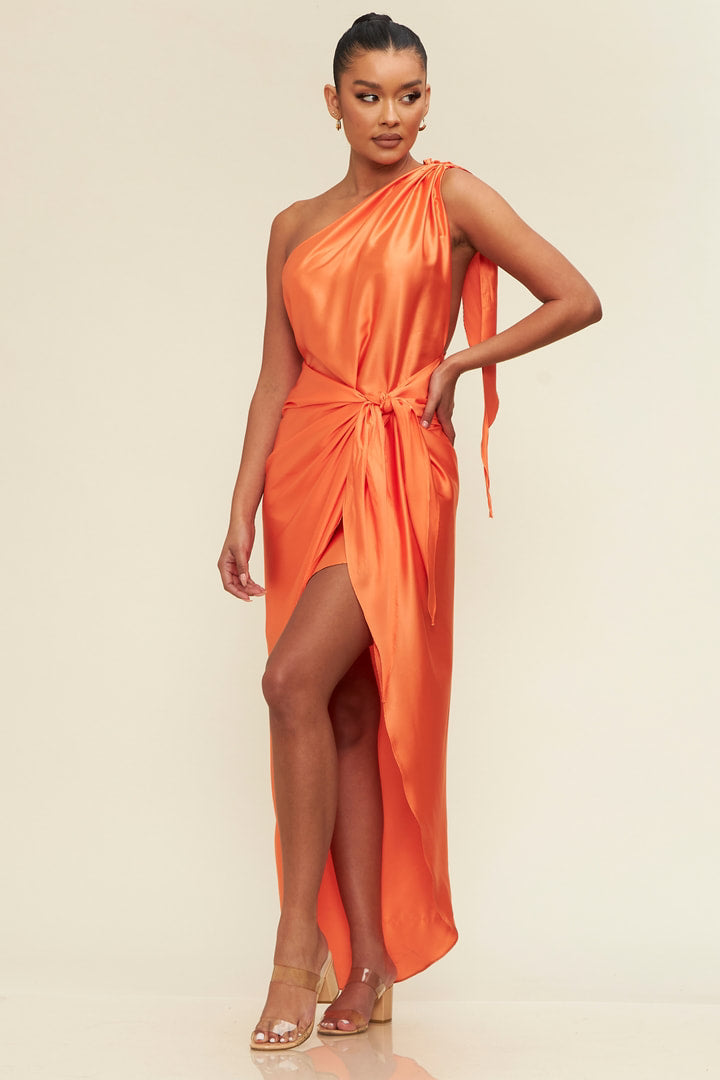 Vestido Satin un Hombro Naranja