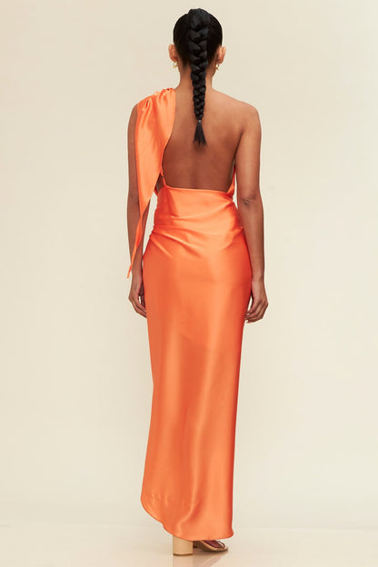 VESTIDO SATIN UN HOMBRO NARANJA