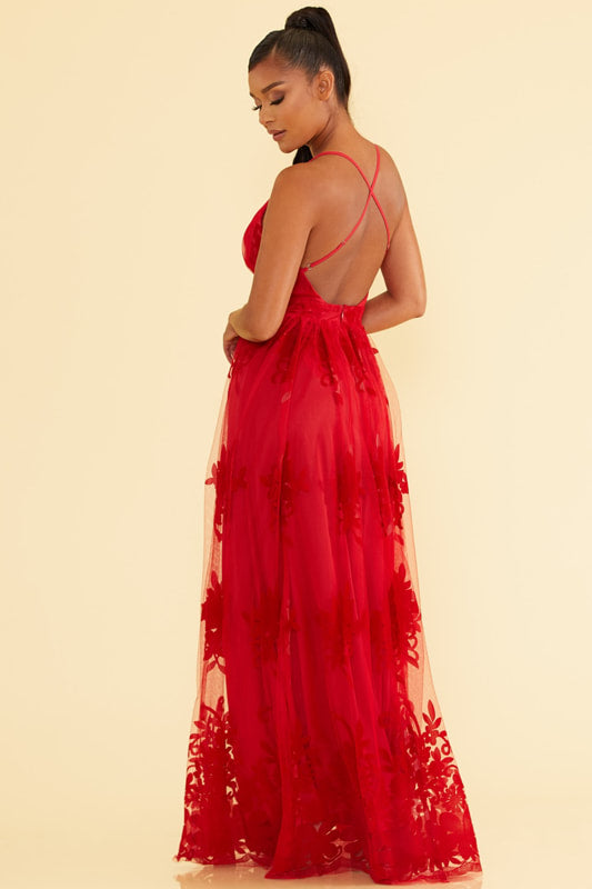 VESTIDO DE TUL CON FLORES ESCOTE EN V Y ABERTURAS ROJO